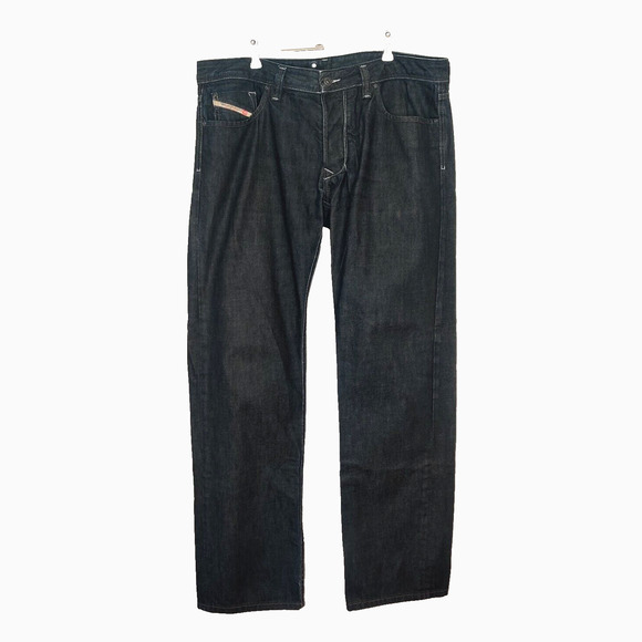 Diesel Mens Larkee Jeans 36x32 Button Fly Straight Leg Dark Wash 0088Z *Worn Hem - Picture 1 of 16